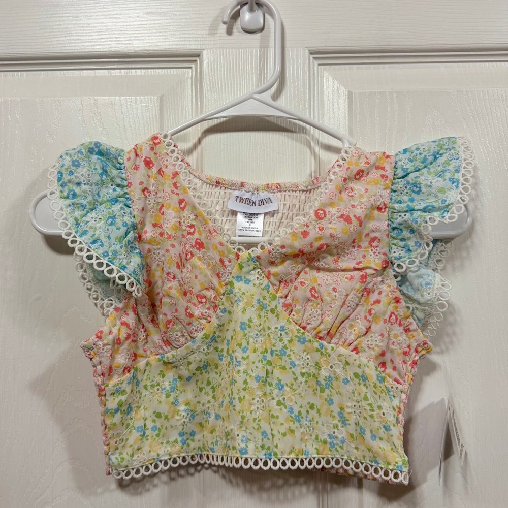 Tween Diva Girls Patchwork Floral Crop Top Ruffle Sleeve Lace Trim Size 8‎
